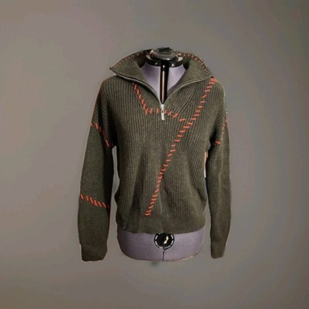 j society Olive Green Knit sweater With Red Stitching Details Half Zip Size S